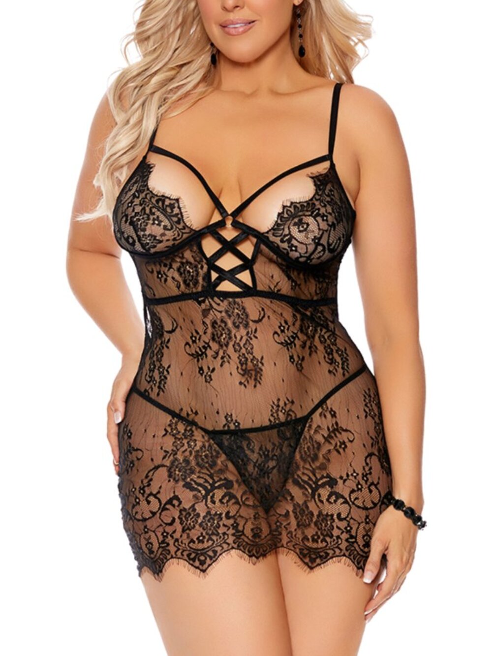 Plus Size Black Eyelash Lace Babydoll Underwire Lingerie 3X